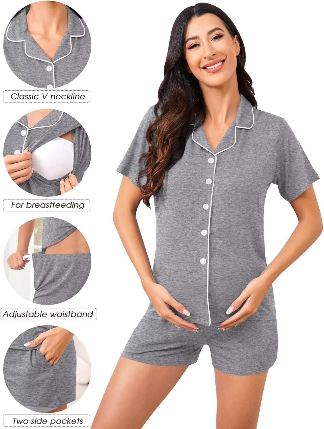 imageSWOMOG Womens Maternity Nursing Pajama Sets Breastfeeding Sleepwear Postpartum Lounge Sets Double Layer Short Sleeve PjsGrey