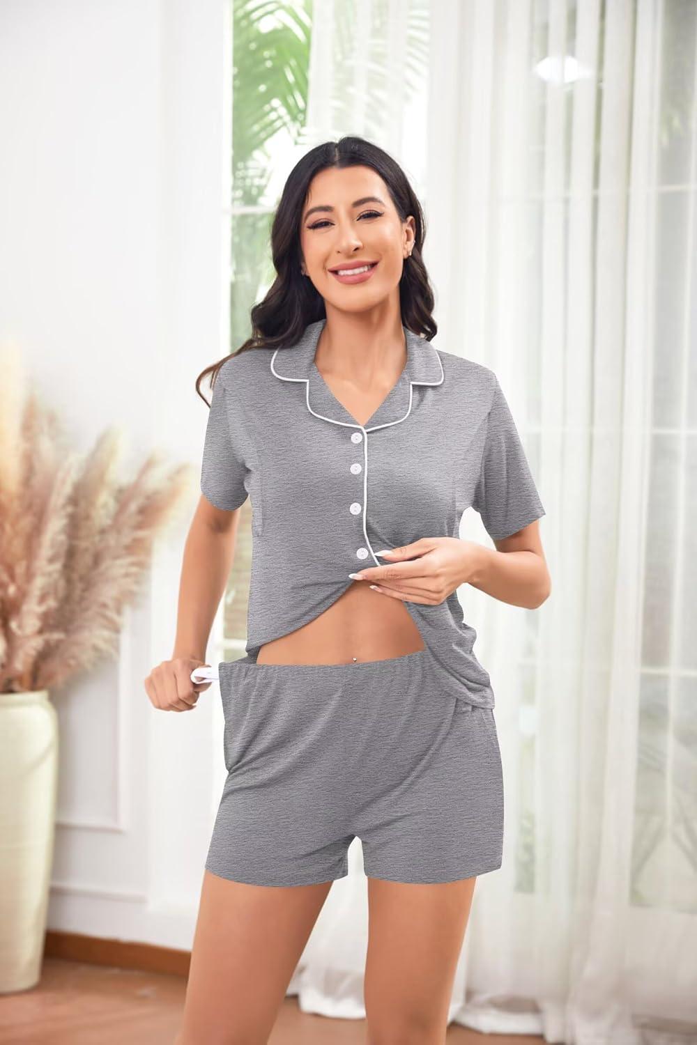 imageSWOMOG Womens Maternity Nursing Pajama Sets Breastfeeding Sleepwear Postpartum Lounge Sets Double Layer Short Sleeve PjsGrey