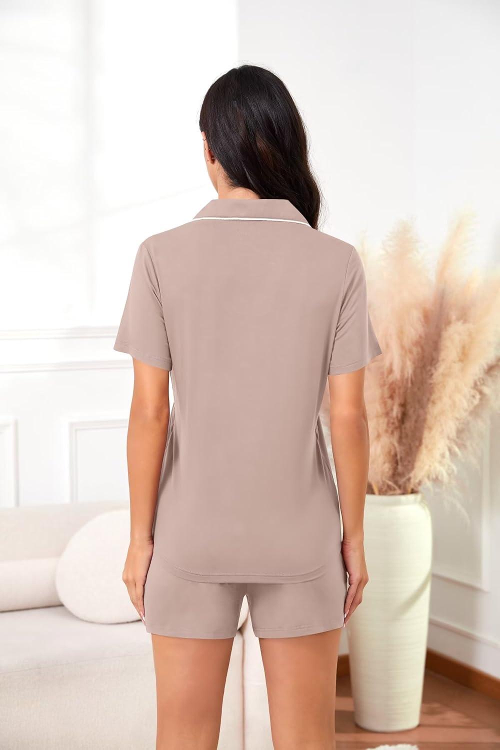 imageSWOMOG Womens Maternity Nursing Pajama Sets Breastfeeding Sleepwear Postpartum Lounge Sets Double Layer Short Sleeve PjsLight Brown