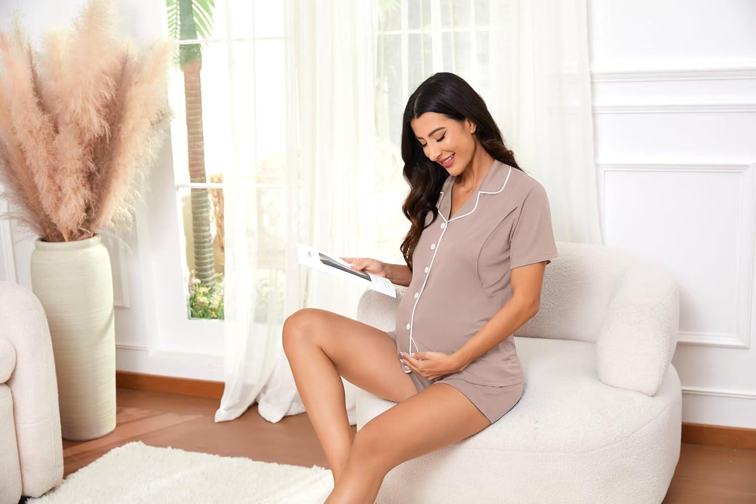 imageSWOMOG Womens Maternity Nursing Pajama Sets Breastfeeding Sleepwear Postpartum Lounge Sets Double Layer Short Sleeve PjsLight Brown