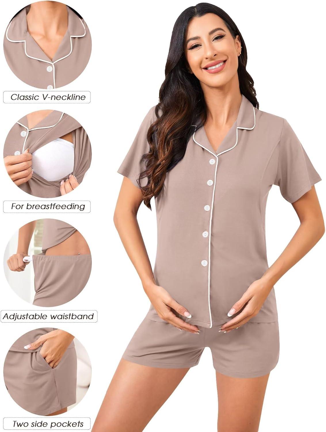 imageSWOMOG Womens Maternity Nursing Pajama Sets Breastfeeding Sleepwear Postpartum Lounge Sets Double Layer Short Sleeve PjsLight Brown