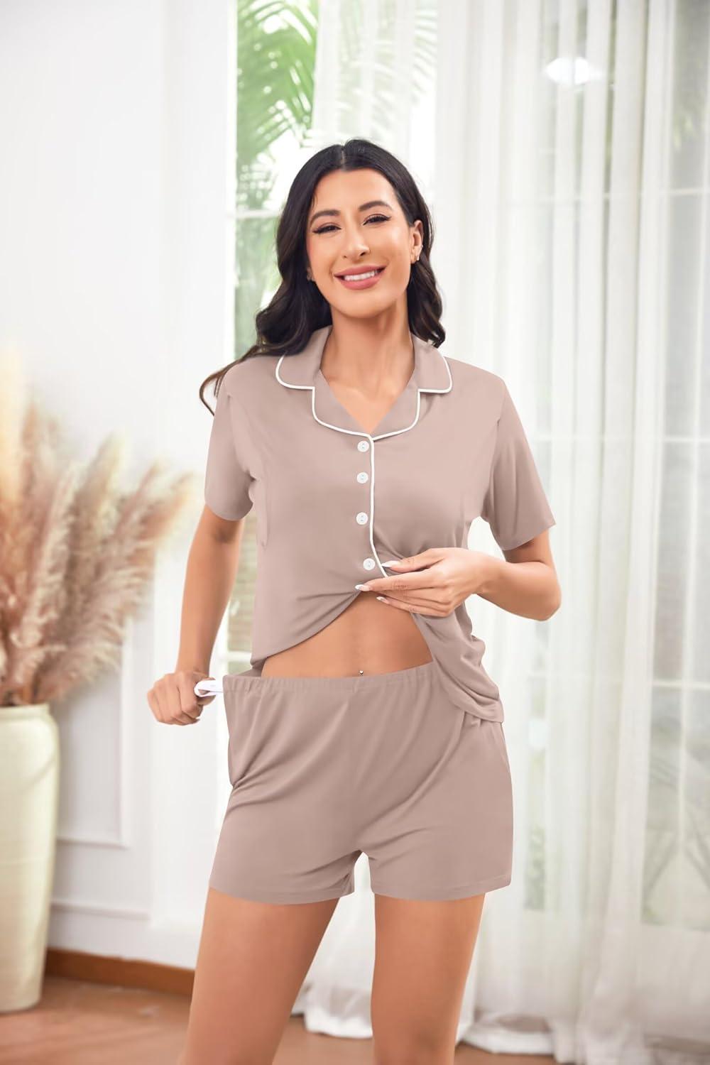 imageSWOMOG Womens Maternity Nursing Pajama Sets Breastfeeding Sleepwear Postpartum Lounge Sets Double Layer Short Sleeve PjsLight Brown