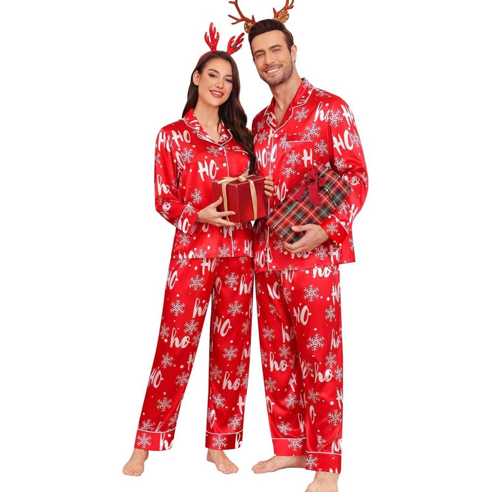imageSWOMOG Couples Matching Pajamas Sets Women amp Men Silk Satin Long Sleeve Button Down Sleepwear 2 Pcs Classic LoungewearChristmas Red
