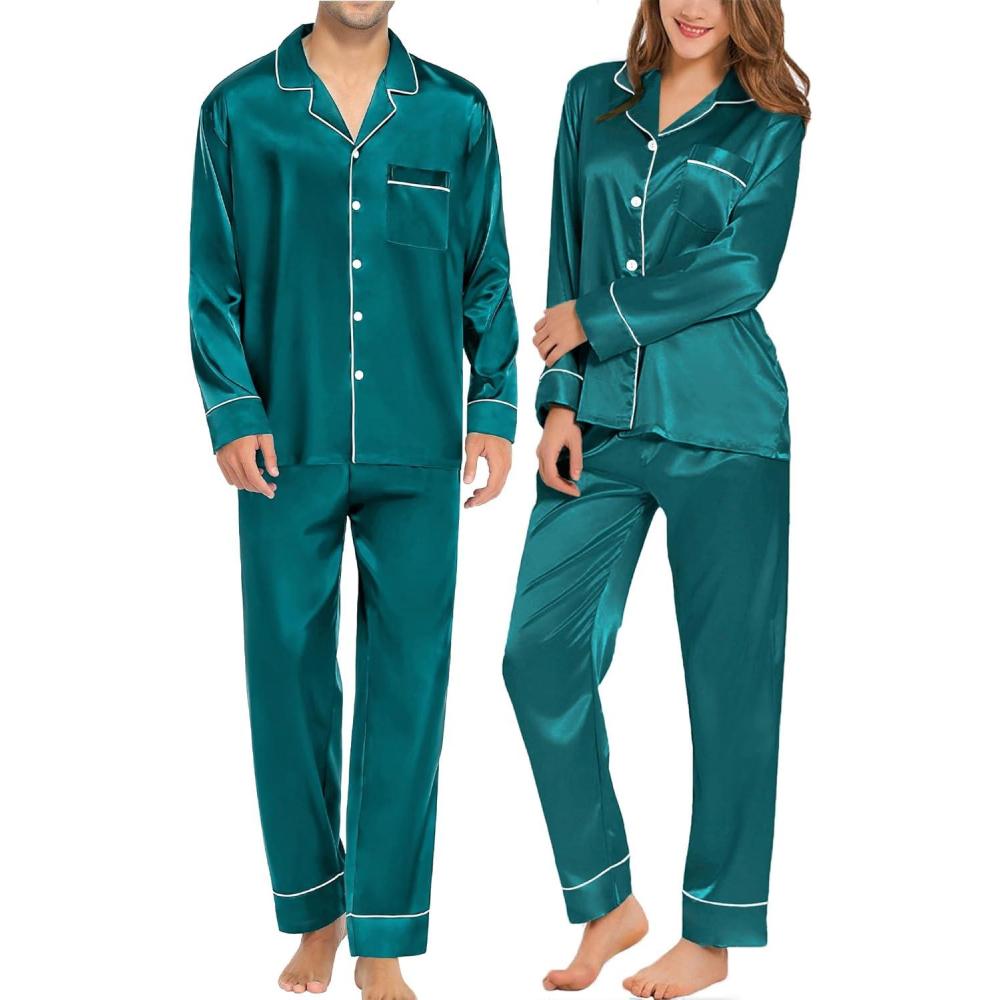 imageSWOMOG Couples Matching Pajamas Sets Women amp Men Silk Satin Long Sleeve Button Down Sleepwear 2 Pcs Classic LoungewearGreen