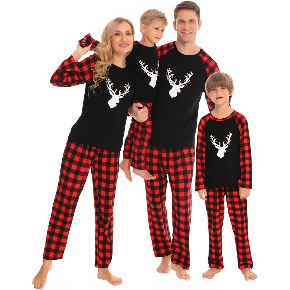 imageSWOMOG Family Matching Christmas Pajamas Sets MenWomen Plaid Pants Loungewear and Printed Long Sleeve PjsAchristmas Classical Deers