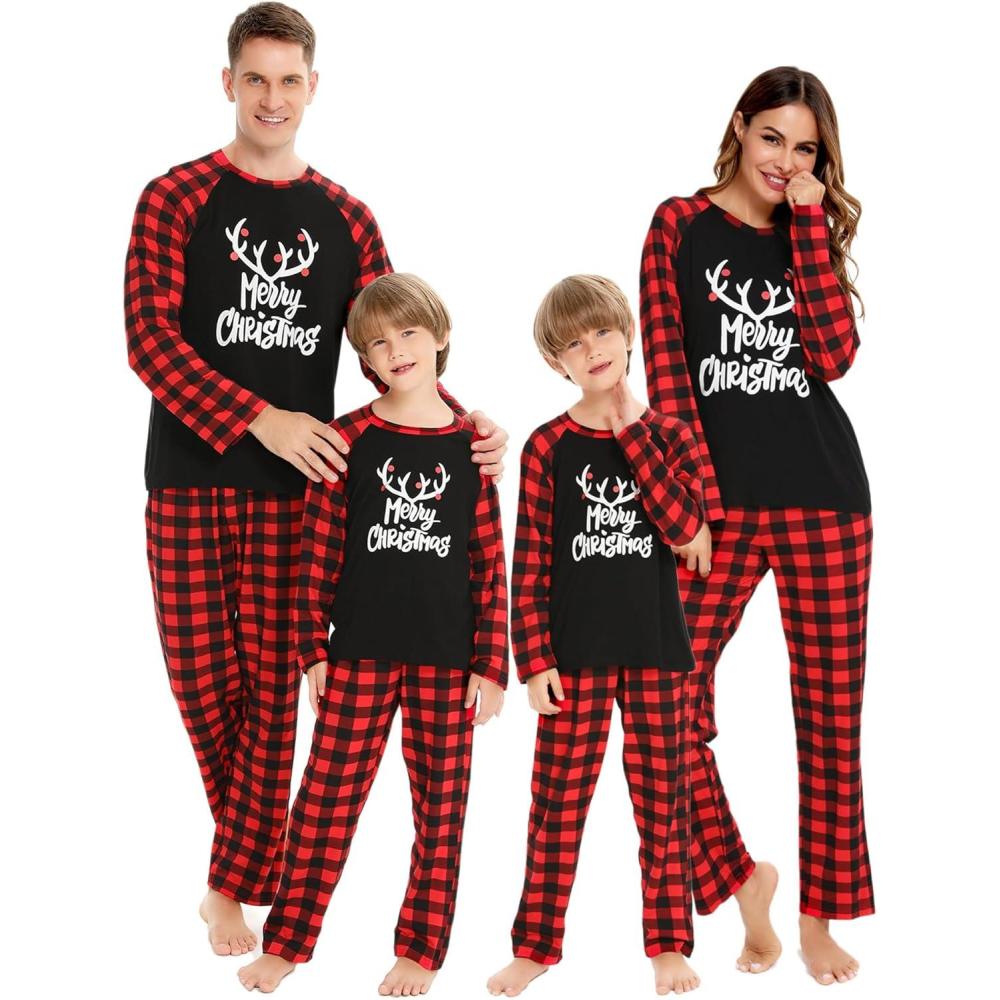 imageSWOMOG Family Matching Christmas Pajamas Sets MenWomen Plaid Pants Loungewear and Printed Long Sleeve PjsLetter Deer