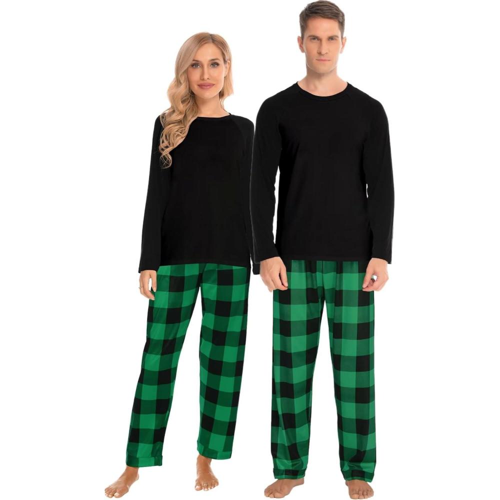 imageSWOMOG Family Matching Christmas Pajamas Sets MenWomen Plaid Pants Loungewear and Printed Long Sleeve PjsZgreen Black Plaid