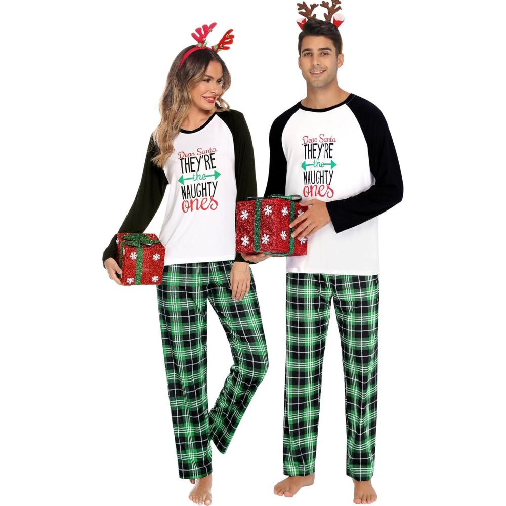 imageSWOMOG Family Matching Christmas Pajamas Sets MenWomen Plaid Pants Loungewear and Printed Long Sleeve PjsZgreen Letter