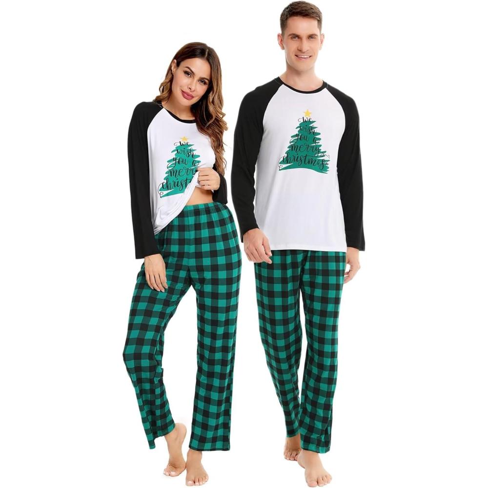 imageSWOMOG Family Matching Christmas Pajamas Sets MenWomen Plaid Pants Loungewear and Printed Long Sleeve PjsZletter Tree
