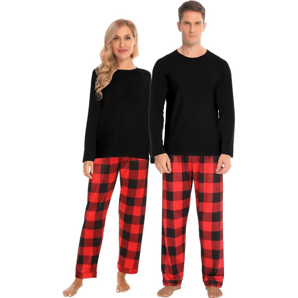 imageSWOMOG Family Matching Christmas Pajamas Sets MenWomen Plaid Pants Loungewear and Printed Long Sleeve PjsZred Black Plaid