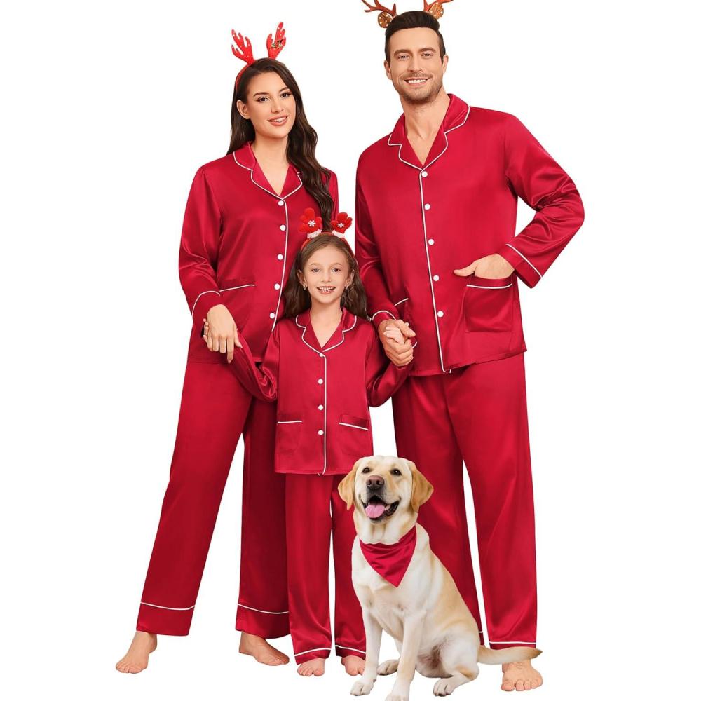 imageSWOMOG Matching Family Pajamas Set Women amp Men Silk Satin Pjs 2 Pcs Long Sleeve Button Down Sleepwear with 2 PocketsAred