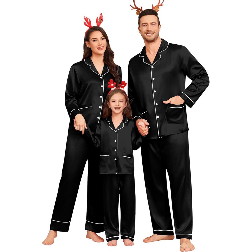 imageSWOMOG Matching Family Pajamas Set Women amp Men Silk Satin Pjs 2 Pcs Long Sleeve Button Down Sleepwear with 2 PocketsBlack
