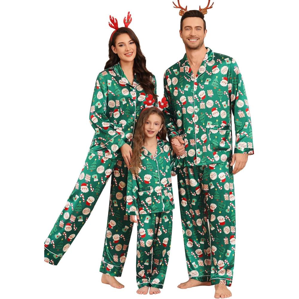 imageSWOMOG Matching Family Pajamas Set Women amp Men Silk Satin Pjs 2 Pcs Long Sleeve Button Down Sleepwear with 2 PocketsChristmas Pattern