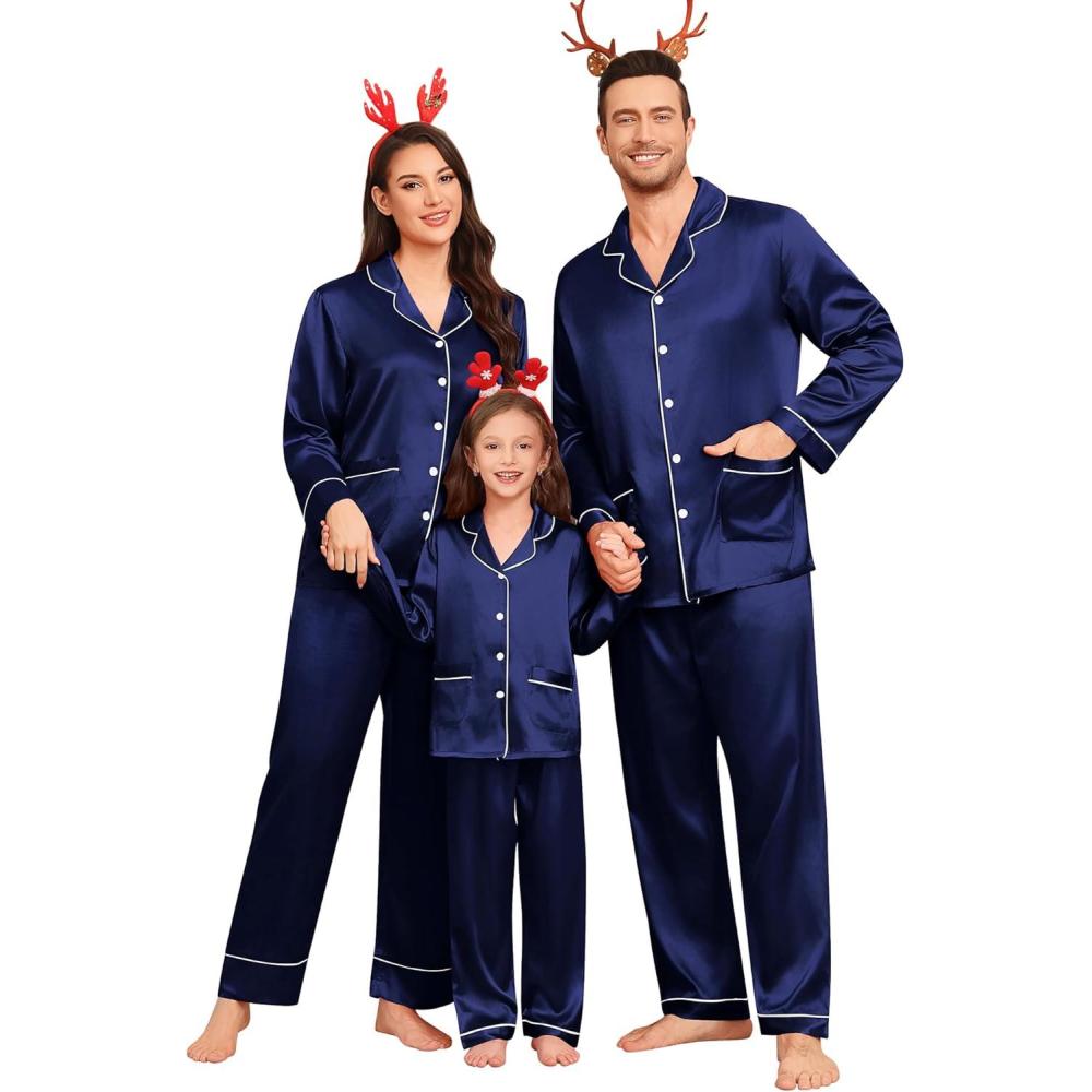 imageSWOMOG Matching Family Pajamas Set Women amp Men Silk Satin Pjs 2 Pcs Long Sleeve Button Down Sleepwear with 2 PocketsDeep Navy Blue