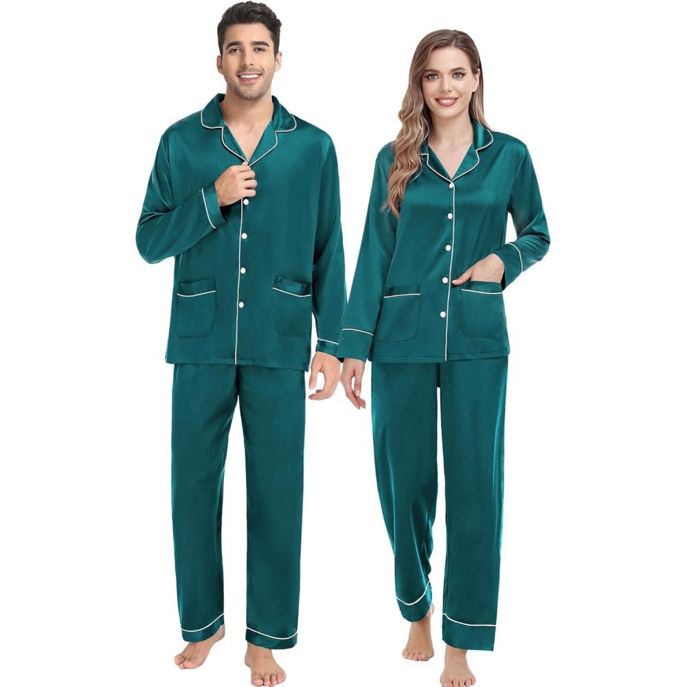 imageSWOMOG Matching Family Pajamas Set Women amp Men Silk Satin Pjs 2 Pcs Long Sleeve Button Down Sleepwear with 2 PocketsGreen