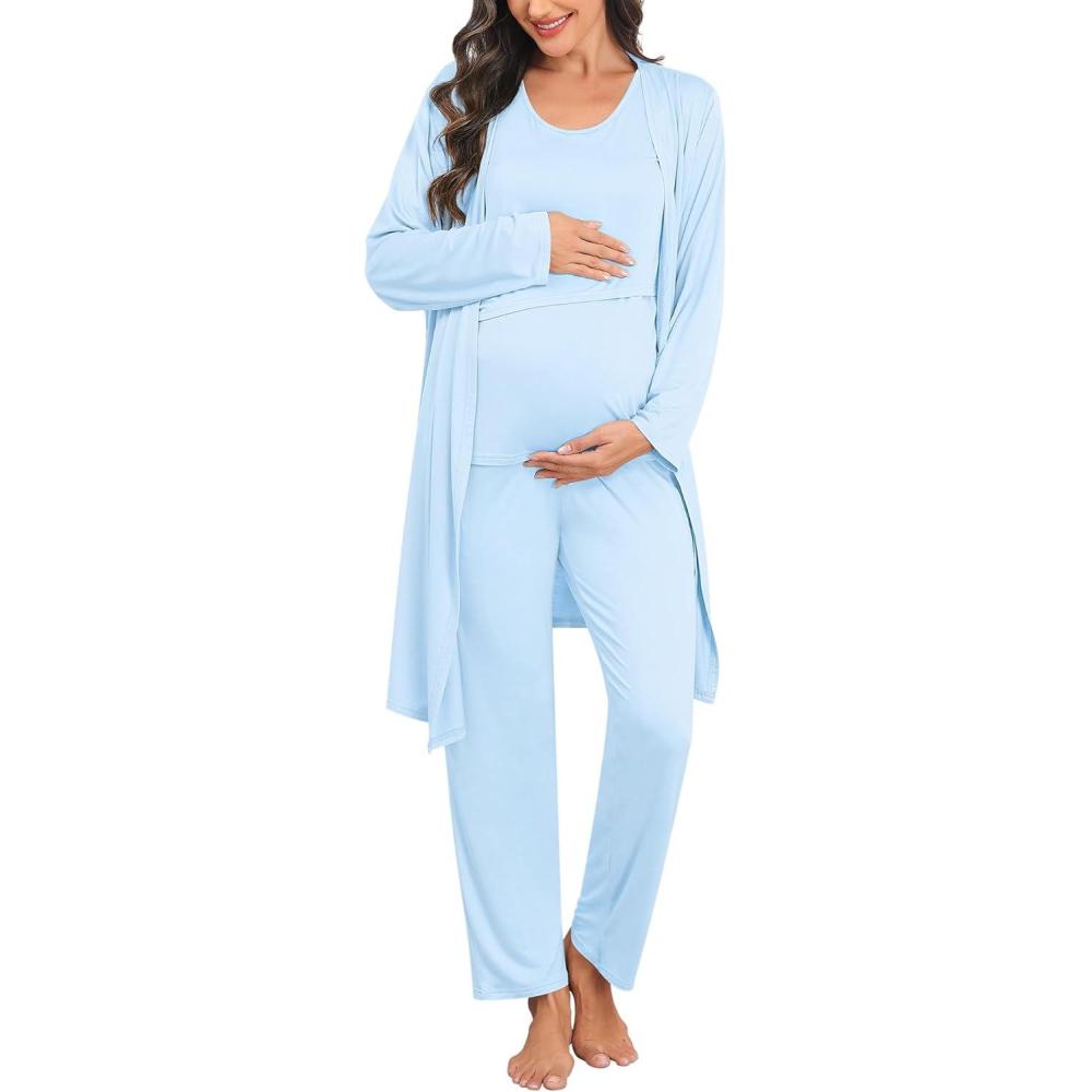 imageSWOMOG Maternity Nursing Robe Set 3 PCS Postpartum Breastfeeding Pajamas Lounge Hospital Pregnancy Pjs with RobeBaby Blue