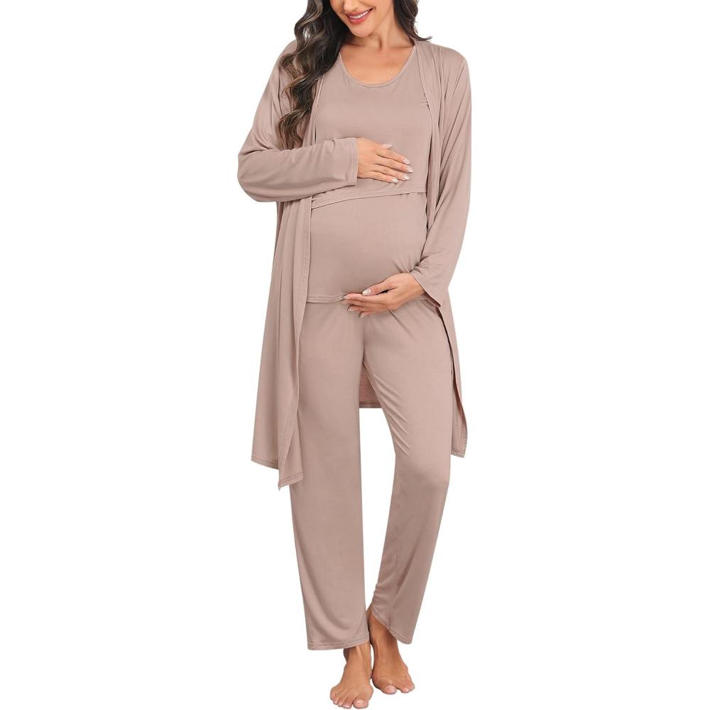 imageSWOMOG Maternity Nursing Robe Set 3 PCS Postpartum Breastfeeding Pajamas Lounge Hospital Pregnancy Pjs with RobeLight Brown