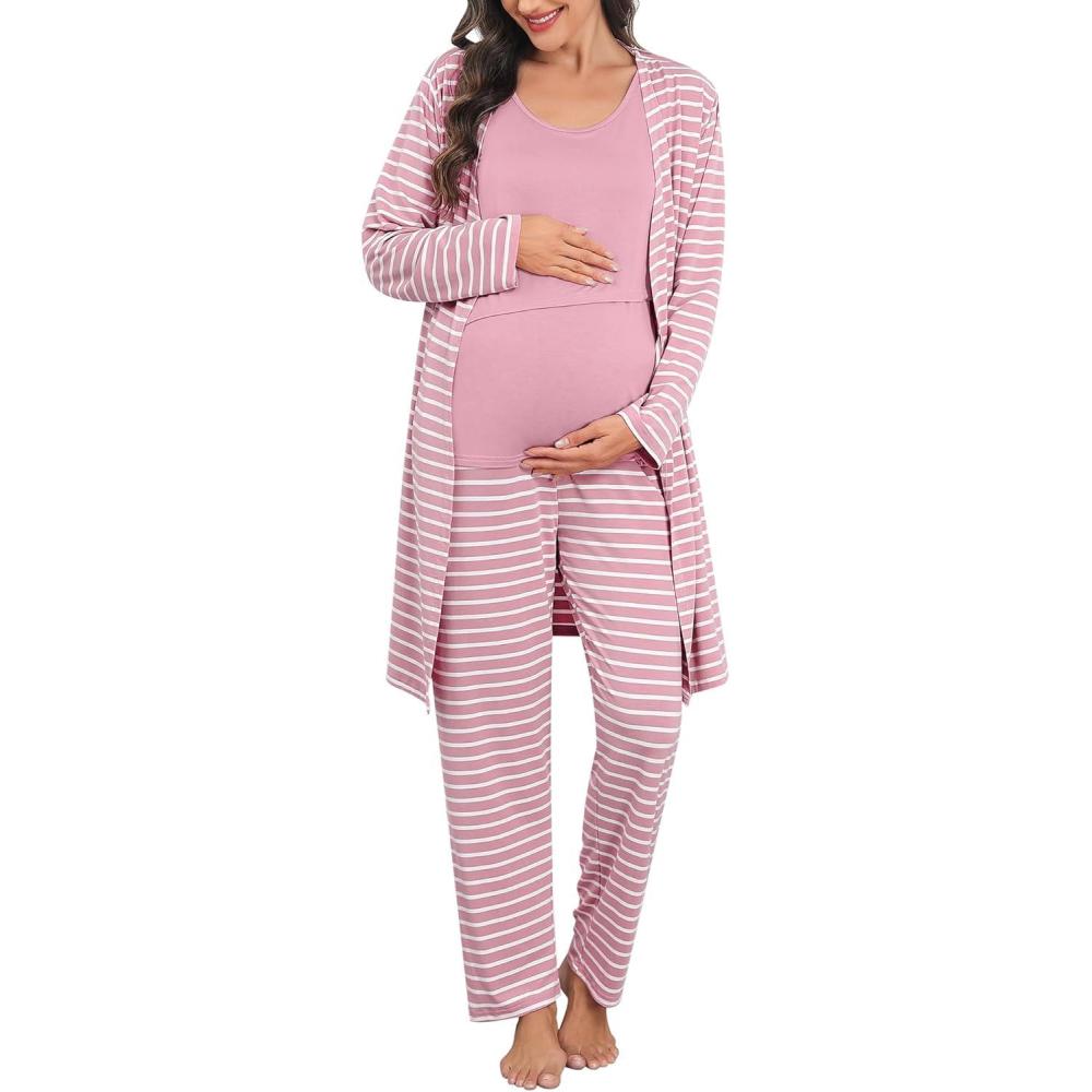imageSWOMOG Maternity Nursing Robe Set 3 PCS Postpartum Breastfeeding Pajamas Lounge Hospital Pregnancy Pjs with RobeTaro Purple Striped