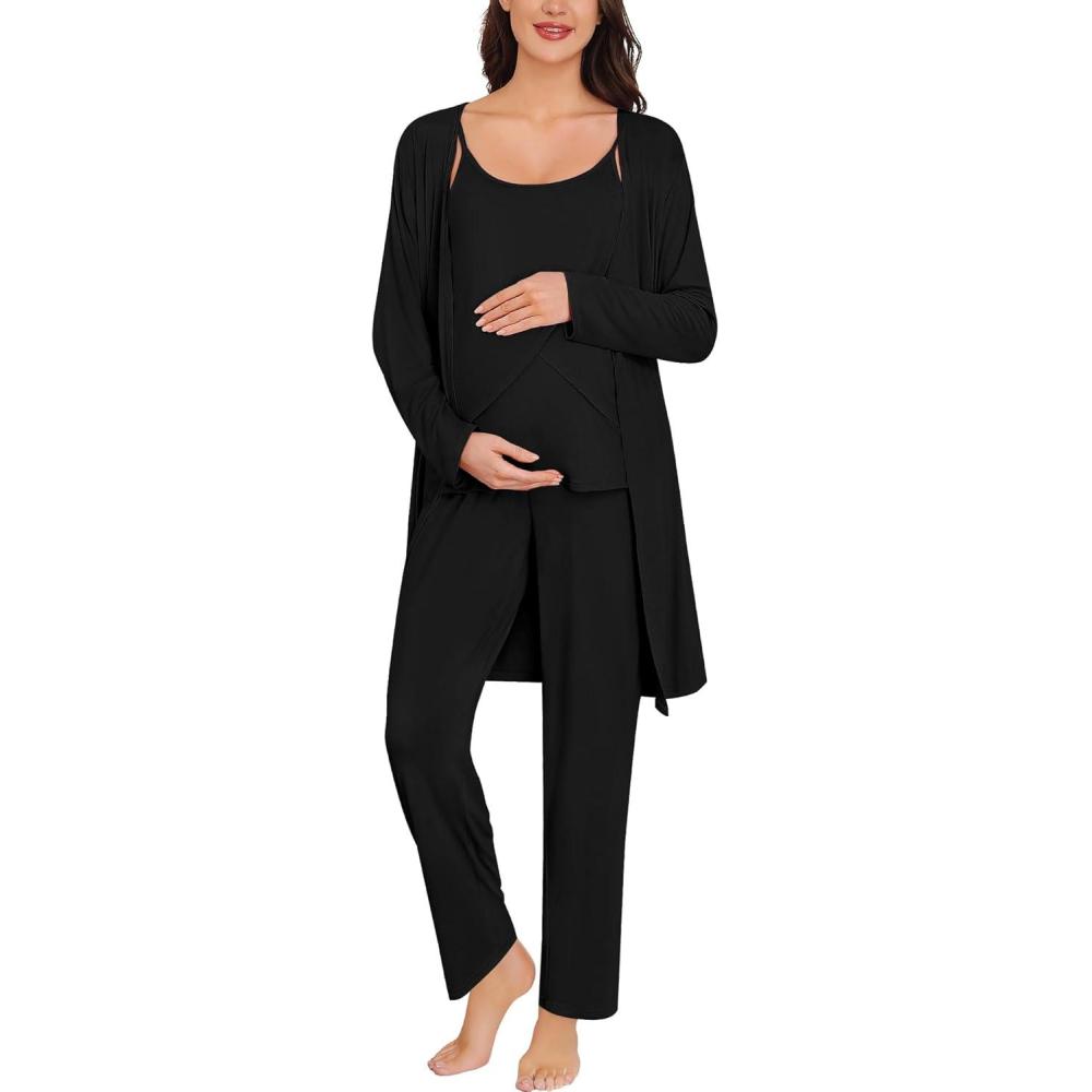imageSWOMOG Maternity Pajamas Set 3 PCS Nusing Pajamas Labor and Delivery Gown amp Camisole amp Pants Postpartum PjsBlack