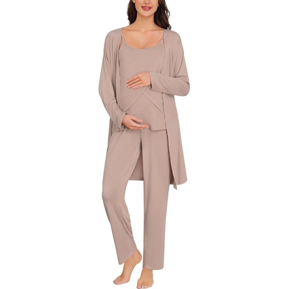imageSWOMOG Maternity Pajamas Set 3 PCS Nusing Pajamas Labor and Delivery Gown amp Camisole amp Pants Postpartum PjsEcru