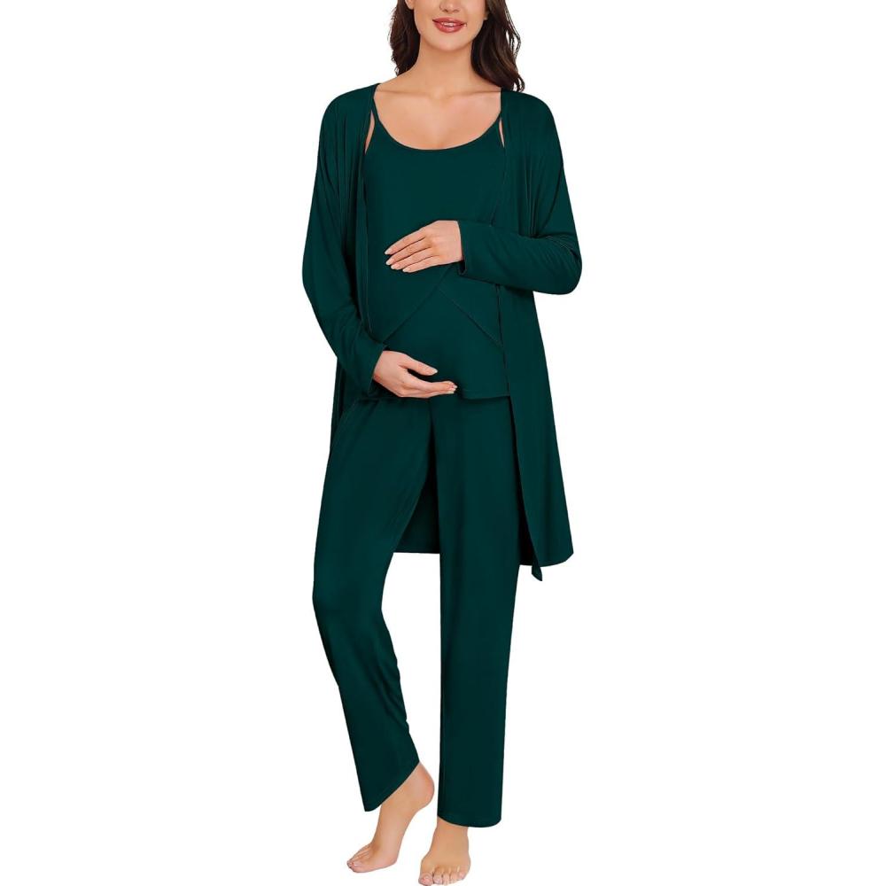 imageSWOMOG Maternity Pajamas Set 3 PCS Nusing Pajamas Labor and Delivery Gown amp Camisole amp Pants Postpartum PjsEmerald Green
