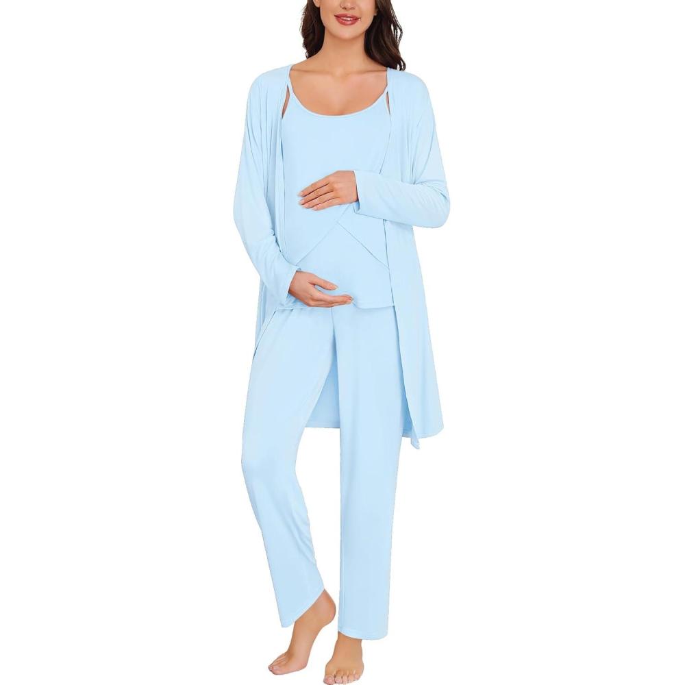 imageSWOMOG Maternity Pajamas Set 3 PCS Nusing Pajamas Labor and Delivery Gown amp Camisole amp Pants Postpartum PjsLights Blue