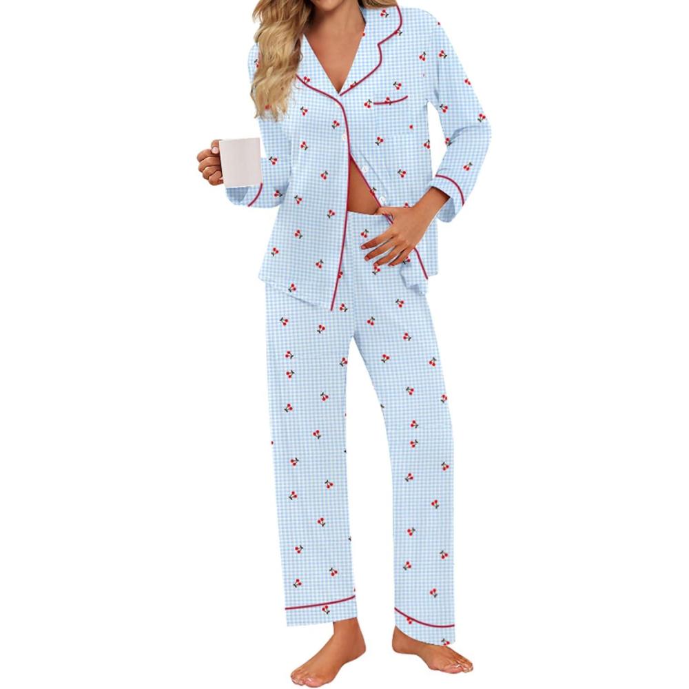 imageSWOMOG Pajamas for Women Sets 2 Piece Button Down Printed Pjs Long Sleeve Shirt and Pants Fall Sleepwear Cute LoungewearBlue Red Cherry