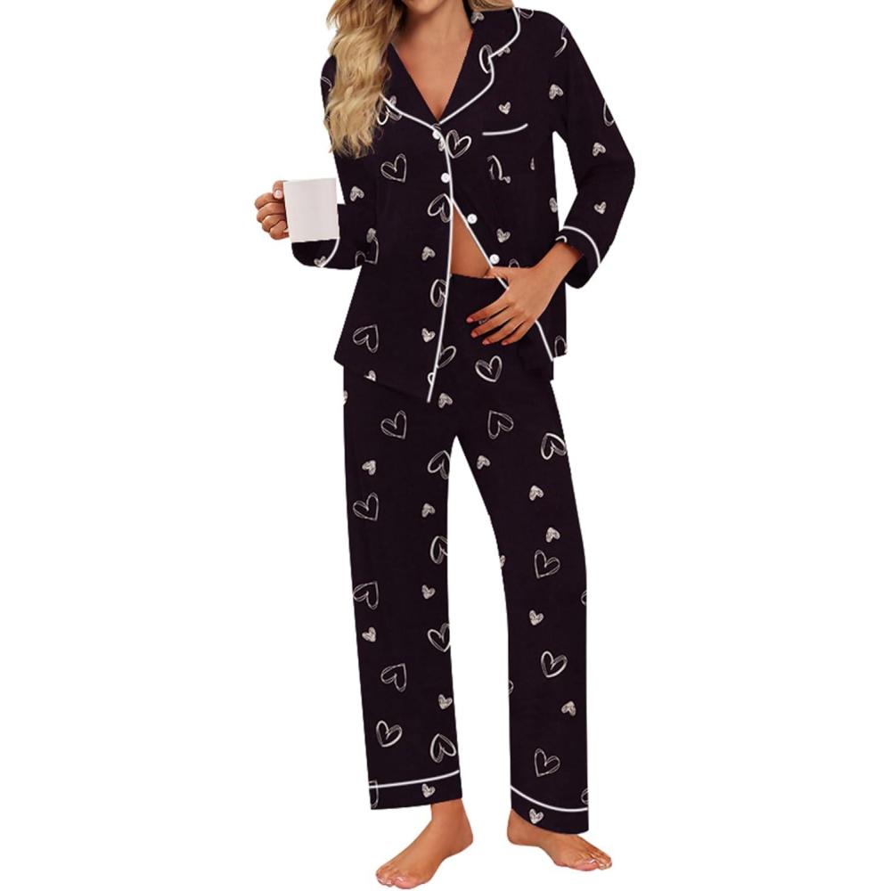 imageSWOMOG Pajamas for Women Sets 2 Piece Button Down Printed Pjs Long Sleeve Shirt and Pants Fall Sleepwear Cute LoungewearHeart Black