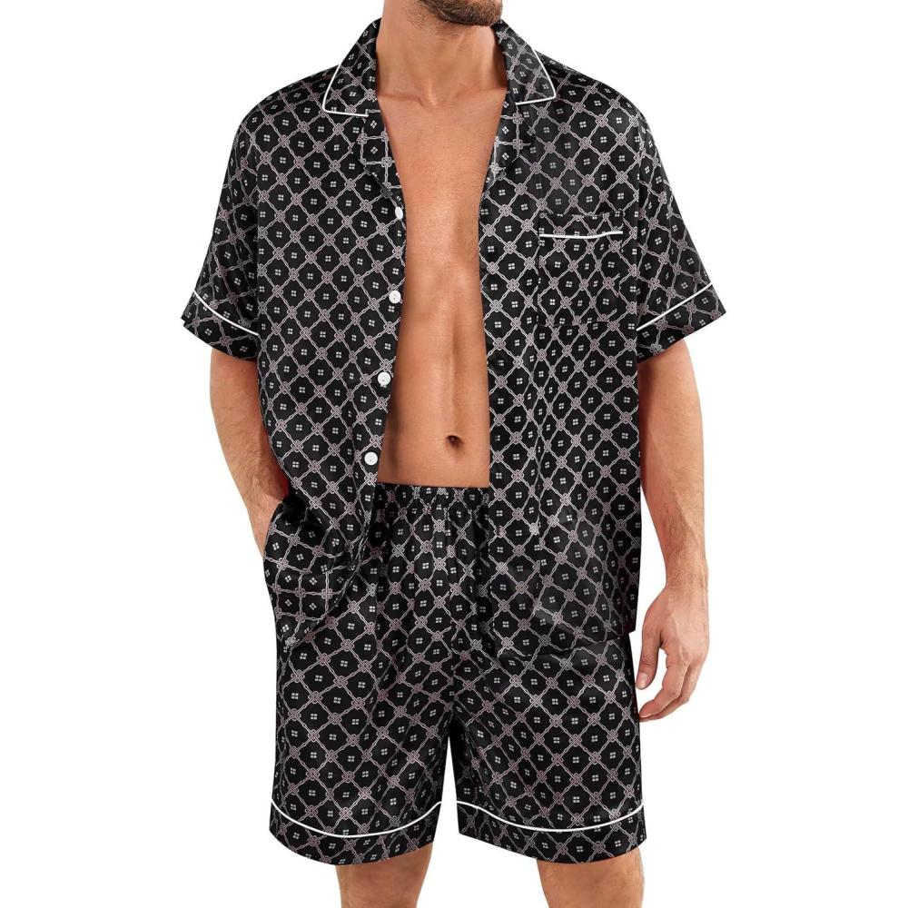 imageSWOMOG Silk Satin Pajamas Sets for Men Short Sleeve 2 Piece Button Down Sleepwear Mens Loungewear Sets with PocketsBlack Floral