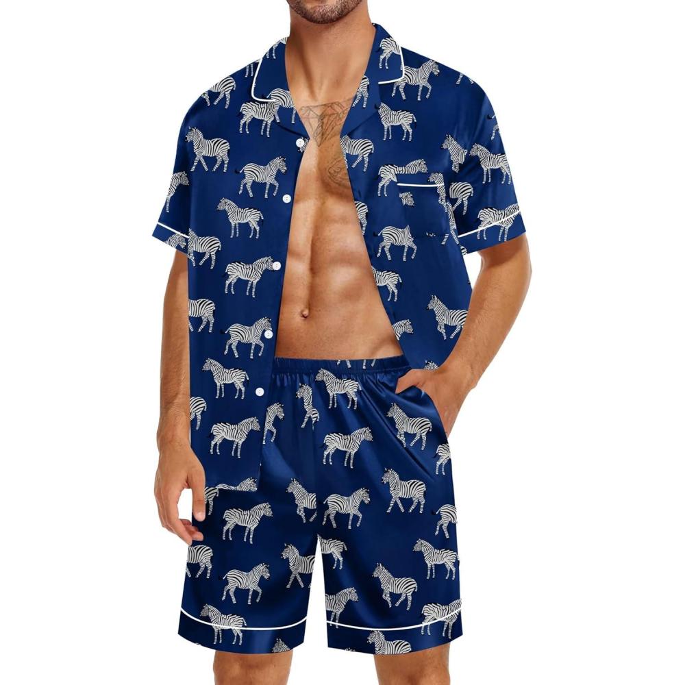 imageSWOMOG Silk Satin Pajamas Sets for Men Short Sleeve 2 Piece Button Down Sleepwear Mens Loungewear Sets with PocketsNavy Blue Zebra Print