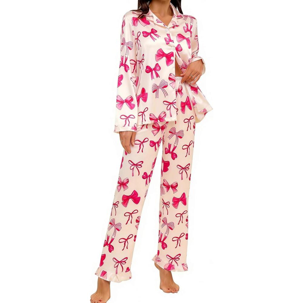 imageSWOMOG Womens Long Sleeve Pajamas Set 2 Piece Silk Button Down Pjs with Pants Floral Printed Classic Soft LoungewearApricot Pink Bow