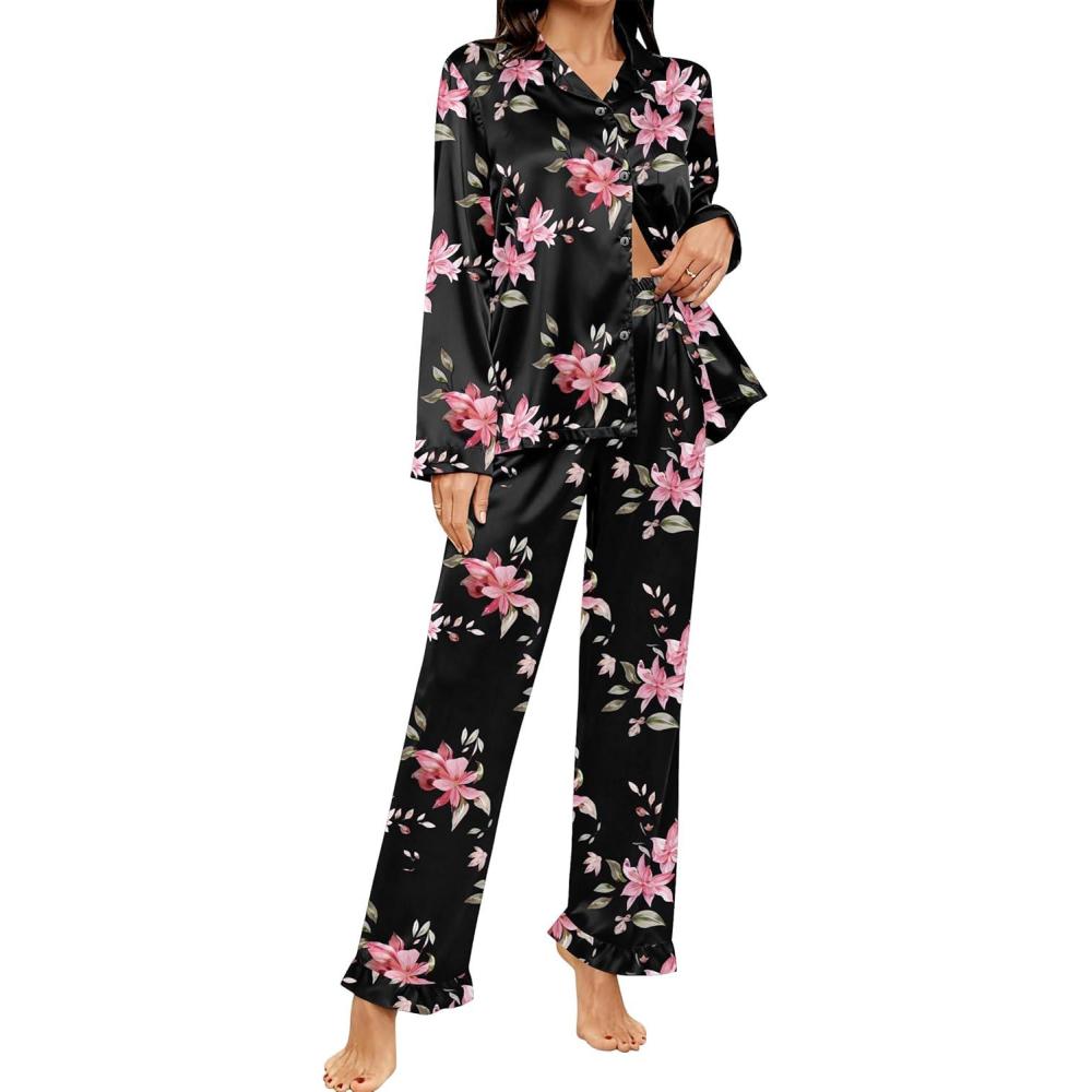imageSWOMOG Womens Long Sleeve Pajamas Set 2 Piece Silk Button Down Pjs with Pants Floral Printed Classic Soft LoungewearBlack Large Flower