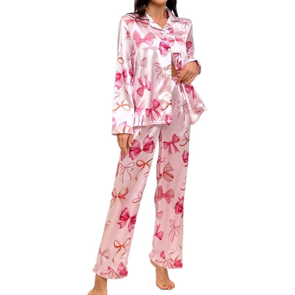 imageSWOMOG Womens Long Sleeve Pajamas Set 2 Piece Silk Button Down Pjs with Pants Floral Printed Classic Soft LoungewearPink Pink Bow