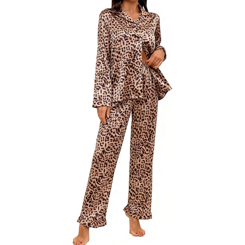 imageSWOMOG Womens Long Sleeve Pajamas Set 2 Piece Silk Button Down Pjs with Pants Floral Printed Classic Soft LoungewearWavy Leopard
