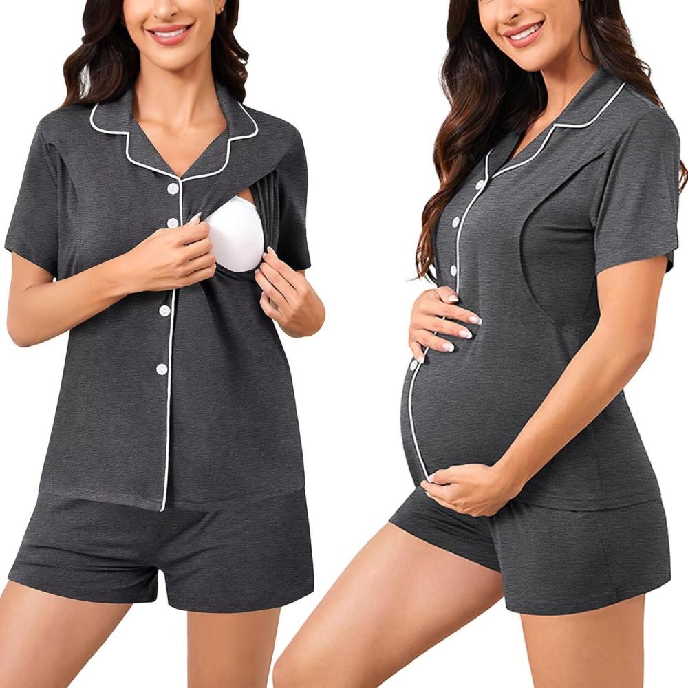 imageSWOMOG Womens Maternity Nursing Pajama Sets Breastfeeding Sleepwear Postpartum Lounge Sets Double Layer Short Sleeve PjsDeep Grey
