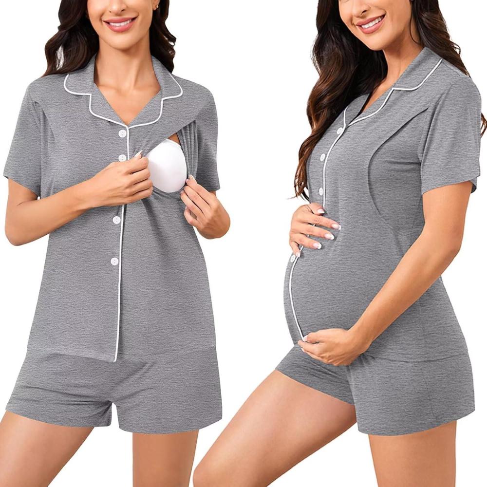 imageSWOMOG Womens Maternity Nursing Pajama Sets Breastfeeding Sleepwear Postpartum Lounge Sets Double Layer Short Sleeve PjsGrey