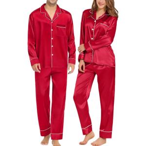 SWOMOG Couples Matching Pajamas Sets Women & Men Silk Satin Long Sleeve Button Down Sleepwear 2 Pcs Classic Loungewear(A – Red)