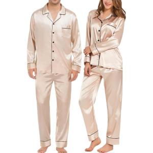 SWOMOG Couples Matching Pajamas Sets Women & Men Silk Satin Long Sleeve Button Down Sleepwear 2 Pcs Classic Loungewear(Champagne)