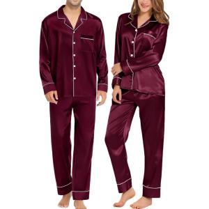 SWOMOG Couples Matching Pajamas Sets Women & Men Silk Satin Long Sleeve Button Down Sleepwear 2 Pcs Classic Loungewear(Deep Wine Red)
