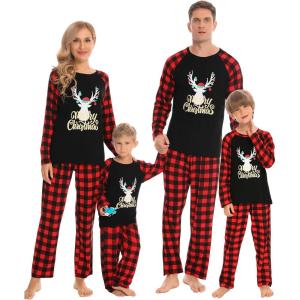 SWOMOG Family Matching Christmas Pajamas Sets Men/Women Plaid Pants Loungewear and Printed Long Sleeve Pjs(A-gold Letter Deer)