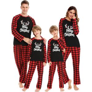 SWOMOG Family Matching Christmas Pajamas Sets Men/Women Plaid Pants Loungewear and Printed Long Sleeve Pjs(Letter Deer)