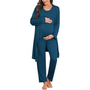 SWOMOG Maternity Nursing Robe Set 3 PCS Postpartum Breastfeeding Pajamas Lounge Hospital Pregnancy Pjs with Robe(Oxford Blue)