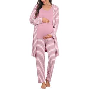 SWOMOG Maternity Nursing Robe Set 3 PCS Postpartum Breastfeeding Pajamas Lounge Hospital Pregnancy Pjs with Robe(Taro Purple Striped)