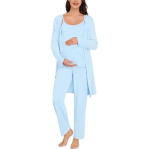 SWOMOG Maternity Pajamas Set 3 PCS Nusing Pajamas Labor and Delivery Gown & Camisole & Pants Postpartum Pjs(Lights Blue)