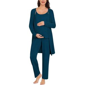 SWOMOG Maternity Pajamas Set 3 PCS Nusing Pajamas Labor and Delivery Gown & Camisole & Pants Postpartum Pjs(Oxford Blue)