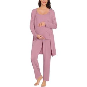 SWOMOG Maternity Pajamas Set 3 PCS Nusing Pajamas Labor and Delivery Gown & Camisole & Pants Postpartum Pjs(Taro Purple)