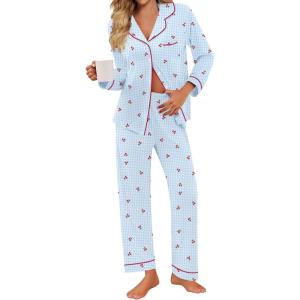 SWOMOG Pajamas for Women Sets 2 Piece Button Down Printed Pjs Long Sleeve Shirt and Pants Fall Sleepwear Cute Loungewear(Blue Red Cherry)