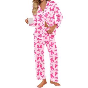 SWOMOG Pajamas for Women Sets 2 Piece Button Down Printed Pjs Long Sleeve Shirt and Pants Fall Sleepwear Cute Loungewear(Hot Pink Bow)