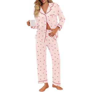 SWOMOG Pajamas for Women Sets 2 Piece Button Down Printed Pjs Long Sleeve Shirt and Pants Fall Sleepwear Cute Loungewear(Pink Red Cherry)