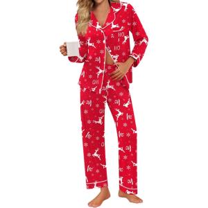 SWOMOG Pajamas for Women Sets 2 Piece Button Down Printed Pjs Long Sleeve Shirt and Pants Fall Sleepwear Cute Loungewear(Red Elk)
